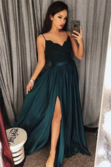 Beautiful Spaghetti-Straps Lace Appliques Prom Dress Long With Split-stylesnuggle