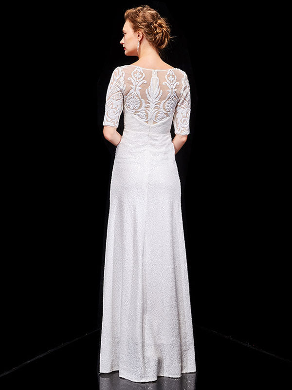 White Evening Dresses Lace Half Sleeve Sequin Long Formal Occasion Dress