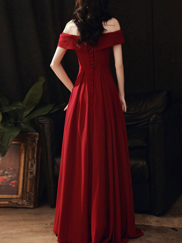 Women's Evening Dress A-Line Bateau Neck Matte Satin Floor-Length Beaded Formal Dinner Dresses