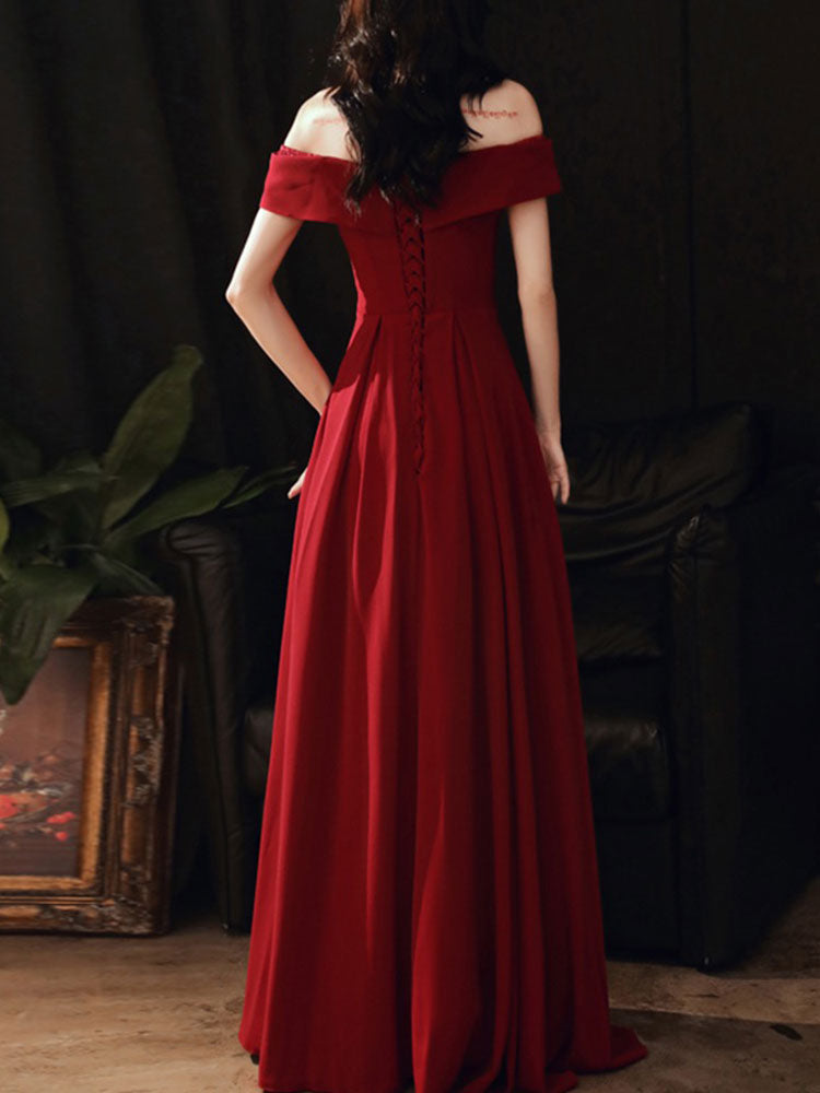 Women's Evening Dress A-Line Bateau Neck Matte Satin Floor-Length Beaded Formal Dinner Dresses