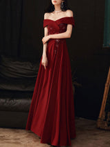 Women's Evening Dress A-Line Bateau Neck Matte Satin Floor-Length Beaded Formal Dinner Dresses