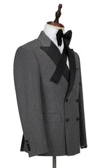 This Bespoke Black-and-Gray Cruciform Satin Peak Lapel Double Breasted Men Formal Suit at stylesnuggle comes in all sizes for prom, wedding and business. Shop an amazing selection of Peaked Lapel Double Breasted Black mens suits in cheap price.