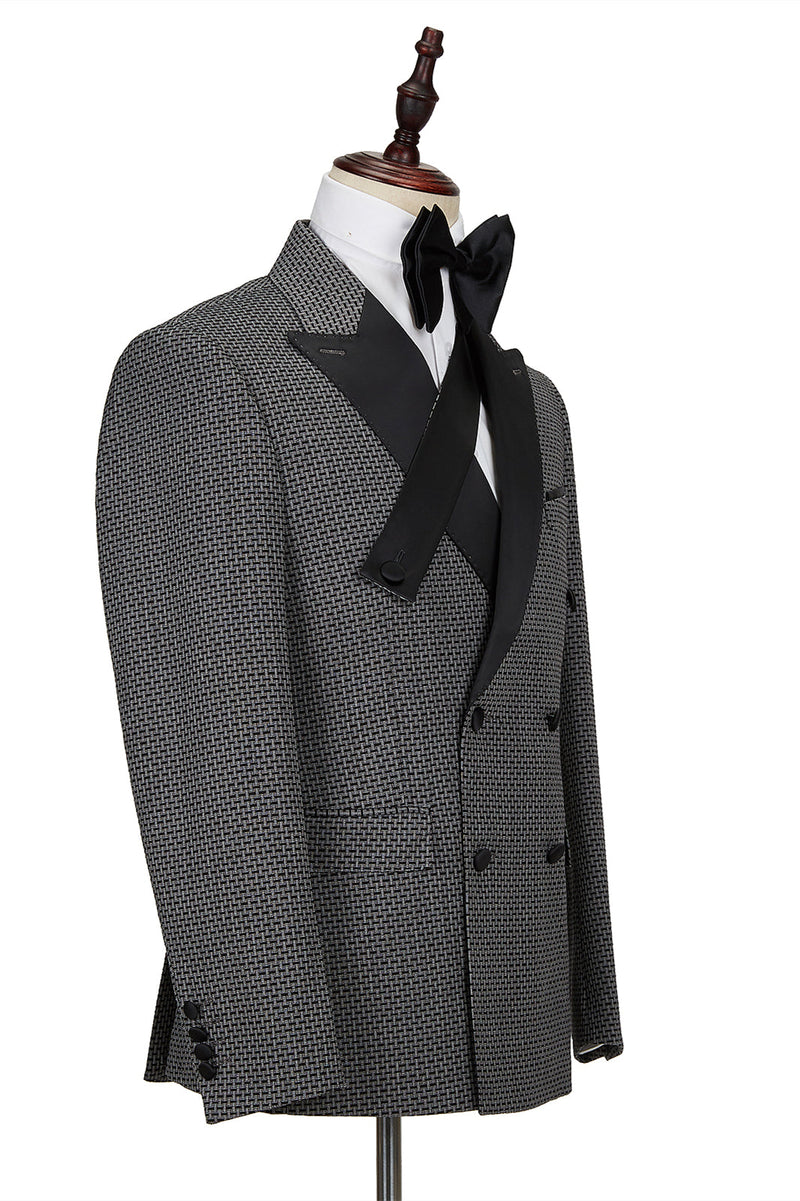 This Bespoke Black-and-Gray Cruciform Satin Peak Lapel Double Breasted Men Formal Suit at stylesnuggle comes in all sizes for prom, wedding and business. Shop an amazing selection of Peaked Lapel Double Breasted Black mens suits in cheap price.