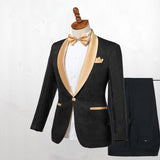 Shop Bespoke Black One Button Wedding Men Suits with Gold Lapel from stylesnuggles. Free shipping available. View our full collection of Black Shawl Lapel wedding suits available in different colors with affordable price.