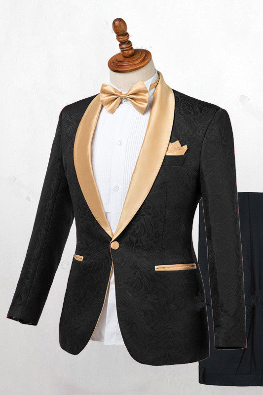 Shop Bespoke Black One Button Wedding Men Suits with Gold Lapel from stylesnuggles. Free shipping available. View our full collection of Black Shawl Lapel wedding suits available in different colors with affordable price.