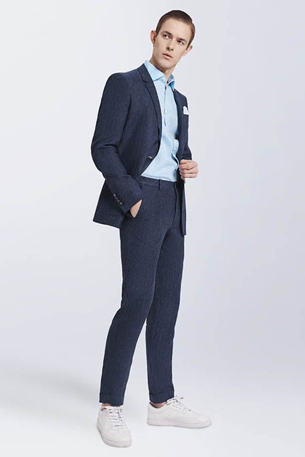 This Bespoke Dark Navy Mens Casual Suits, Stripes Patch Pockets Daily Men Suits at stylesnuggle comes in all sizes for prom, wedding and business. Shop an amazing selection of Notched Lapel Single Breasted Dark Navy mens suits in cheap price.