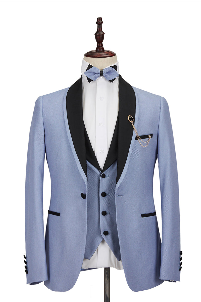 This Bespoke Light Blue Stitching Black Shawl Lapel One Button Men Formal Suit for Wedding at stylesnuggle comes in all sizes for prom, wedding and business. Shop an amazing selection of Shawl Lapel Single Breasted Blue mens suits in cheap price.