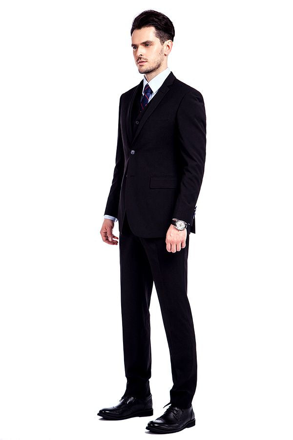 Looking for the Pricey Bespoke Solid Black Three Piece Suits for Men online Find your Notched Lapel Single Breasted Three-piece Black mens suits for prom, wedding and business at stylesnuggle.