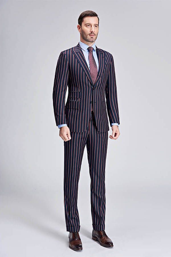 This Bespoke Stripes Dark Navy Mens Suits, Peak Lapel Three Flap Pockets Suits for Men at stylesnuggle comes in all sizes for prom, wedding and business. Shop an amazing selection of Peaked Lapel Single Breasted Dark Navy mens suits in cheap price.