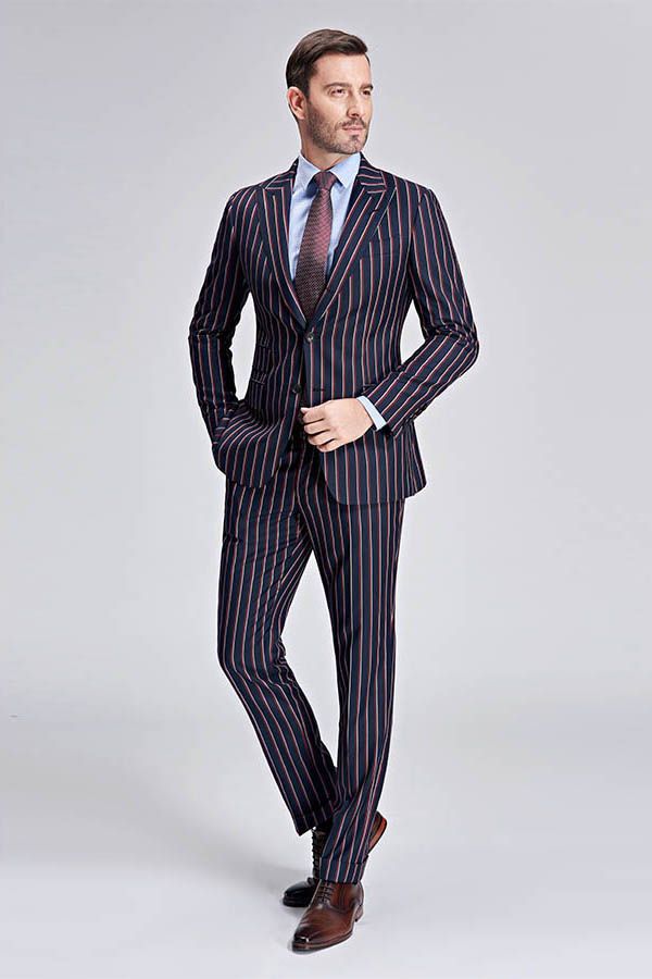 This Bespoke Stripes Dark Navy Mens Suits, Peak Lapel Three Flap Pockets Suits for Men at stylesnuggle comes in all sizes for prom, wedding and business. Shop an amazing selection of Peaked Lapel Single Breasted Dark Navy mens suits in cheap price.