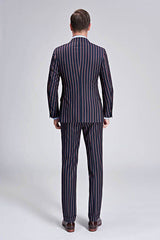 This Bespoke Stripes Dark Navy Mens Suits, Peak Lapel Three Flap Pockets Suits for Men at stylesnuggle comes in all sizes for prom, wedding and business. Shop an amazing selection of Peaked Lapel Single Breasted Dark Navy mens suits in cheap price.