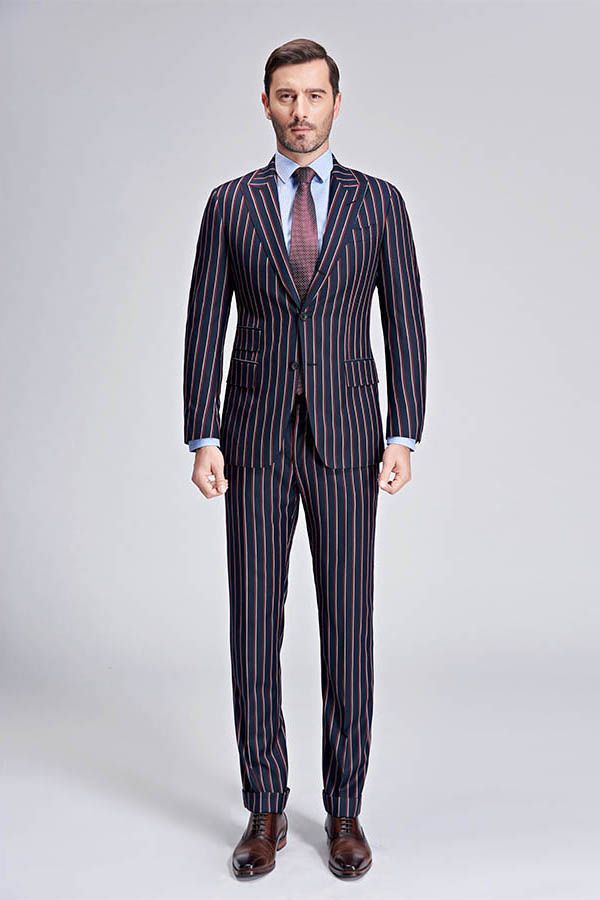 This Bespoke Stripes Dark Navy Mens Suits, Peak Lapel Three Flap Pockets Suits for Men at stylesnuggle comes in all sizes for prom, wedding and business. Shop an amazing selection of Peaked Lapel Single Breasted Dark Navy mens suits in cheap price.