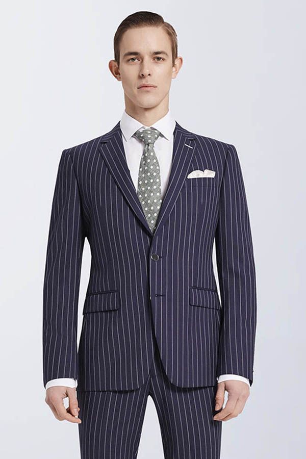 Looking for the Pricey Bespoke Stripes Navy Marriage Suits, Narrow Notch Lapel Leisure Suits for Men online Find your Notched Lapel Single Breasted Two-piece Dark Navy mens suits for prom, wedding and business at stylesnuggle.