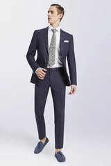 Looking for the Pricey Bespoke Stripes Navy Marriage Suits, Narrow Notch Lapel Leisure Suits for Men online Find your Notched Lapel Single Breasted Two-piece Dark Navy mens suits for prom, wedding and business at stylesnuggle.