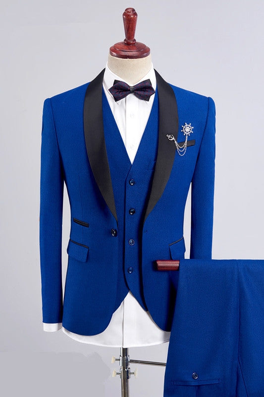 stylesnuggle made this Bespoke Three Pieces Men Suits, Royal Blue Men Suit for Wedding with rush order service. Discover the design of this Royal Blue Solid Shawl Lapel Single Breasted mens suits cheap for prom, wedding or formal business occasion.