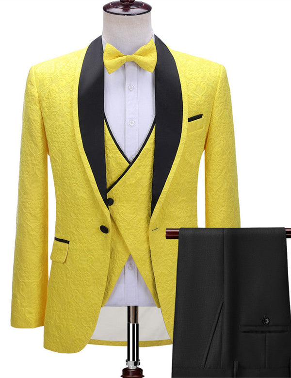 stylesnuggle is your ultimate source for Bespoke Yellow One Button Three-piece Wedding Suit with Black Lapel. Our Yellow Shawl Lapel wedding groomsmen suits come in Bespoke styles &amp; colors with high quality and free shipping.