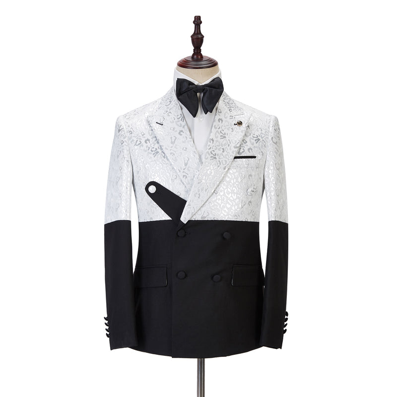 Black and White Jacquard Peaked Lapel Men Suits Online-stylesnuggle