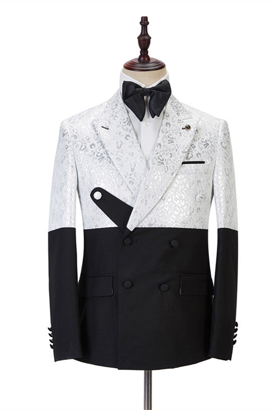 Black and White Jacquard Peaked Lapel Men Suits Online