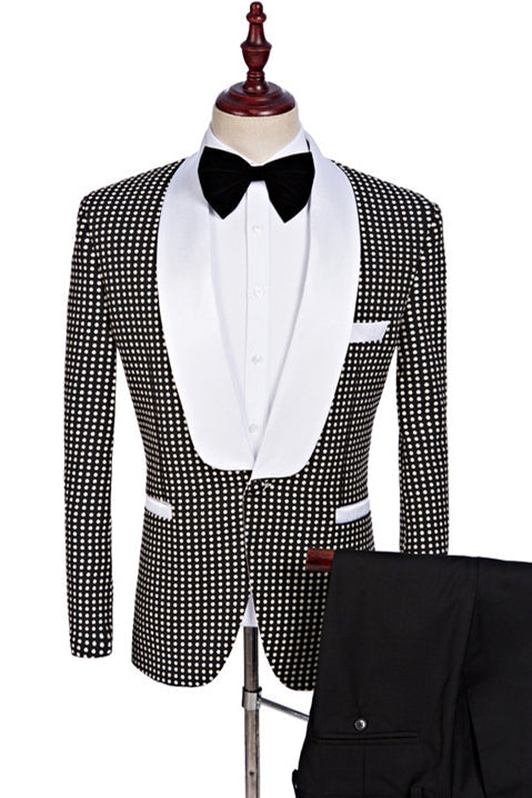 stylesnuggle made this Black and White Shawl Lapel Wedding Suits, Fashion Dot Prom Tuxedo with rush order service. Discover the design of this Black Plaid Shawl Lapel Single Breasted mens suits cheap for prom, wedding or formal business occasion.