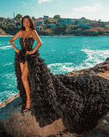 Looking for a dress that is A-line style, and Amazing Beading,Feathers,Sequined work online? stylesnuggle meet all your need with this Classic Black Beach Hi-Lo Tulle Wedding Evening Gown Sleeveless lace.