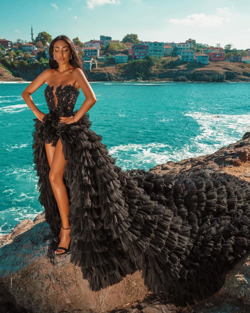 Looking for a dress that is A-line style, and Amazing Beading,Feathers,Sequined work online? stylesnuggle meet all your need with this Classic Black Beach Hi-Lo Tulle Wedding Evening Gown Sleeveless lace.