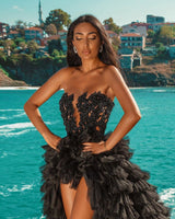 Looking for a dress that is A-line style, and Amazing Beading,Feathers,Sequined work online? stylesnuggle meet all your need with this Classic Black Beach Hi-Lo Tulle Wedding Evening Gown Sleeveless lace.