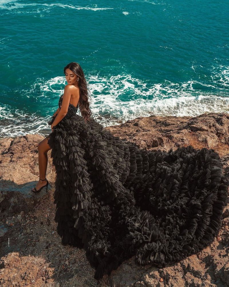 Looking for a dress that is A-line style, and Amazing Beading,Feathers,Sequined work online? stylesnuggle meet all your need with this Classic Black Beach Hi-Lo Tulle Wedding Evening Gown Sleeveless lace.