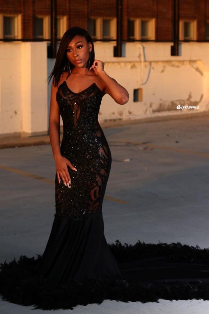 Looking for Prom Dresses, Evening Dresses in Stretch Satin,  Mermaid style,  and Gorgeous Feathers work? stylesnuggle has all covered on this elegant Black Chic Mermaid Prom Party GownsSweetheart Sequined Evening Dress.