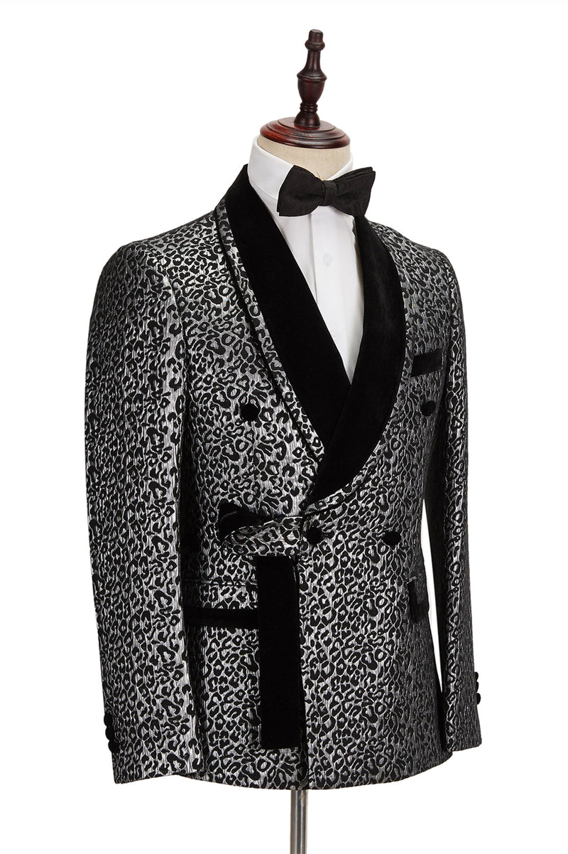 Black Classy Silver Leopard Jacquard Men's Suit Shawl Lapel Double Breasted Wedding Suit for Formal-stylesnuggle