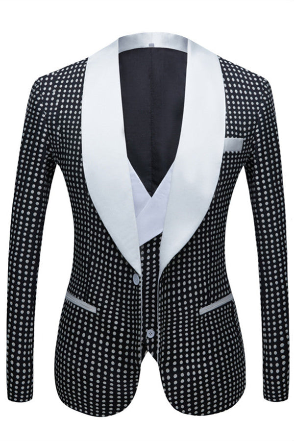 This Black Dot Slim Fit Shawl Lapel Wedding Tuxedo for Men at stylesnuggle comes in all sizes for prom, wedding and business. Shop an amazing selection of Shawl Lapel Single Breasted Black mens suits in cheap price.