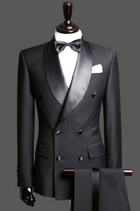 stylesnuggle made this Black Double Breast Wedding Suits Tuxedos, Satin Lapel Two-pieces(Jacket pants) for wedding/prom with rush order service. Discover the design of this Black Solid Shawl Lapel Double Breasted mens suits cheap for prom, wedding or formal business occasion.