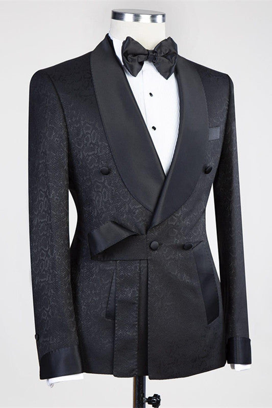 stylesnuggle is your ultimate source for Black Double Breasted Shawl Lapel Jacuqard Wedding Suit. Our Black Shawl Lapel wedding groomsmen suits come in Bespoke styles &amp; colors with high quality and free shipping.