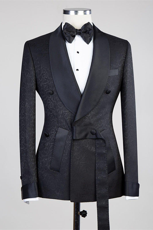 stylesnuggle is your ultimate source for Black Double Breasted Shawl Lapel Jacuqard Wedding Suit. Our Black Shawl Lapel wedding groomsmen suits come in Bespoke styles &amp; colors with high quality and free shipping.