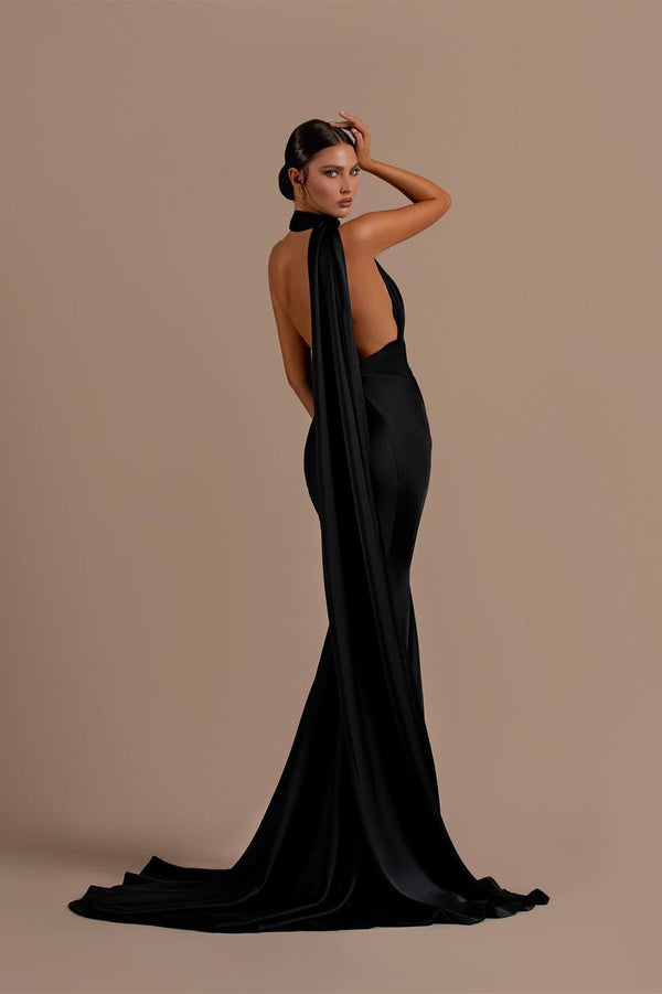 Black High Neck Mermaid Prom Dress with Open Back-Dbrbridal