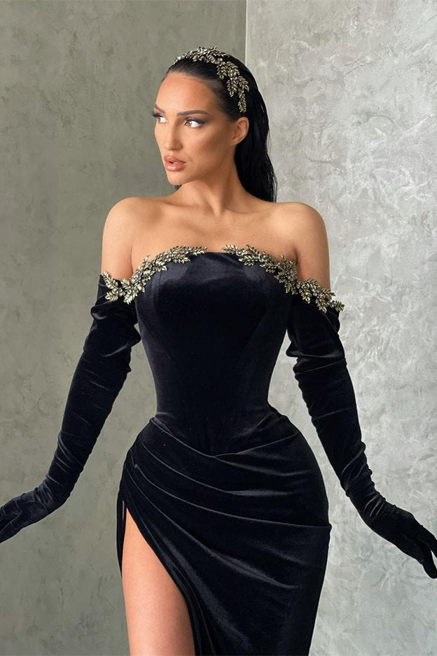 Black High-split Velvet Off-the-shoulder Mermaid Prom Dress-stylesnuggle