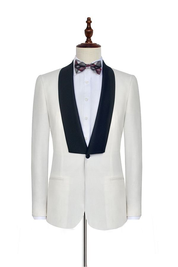 Black Knife Collar Classic White Wedding Suits for Men One Button Wedding Tuxedos-stylesnuggle