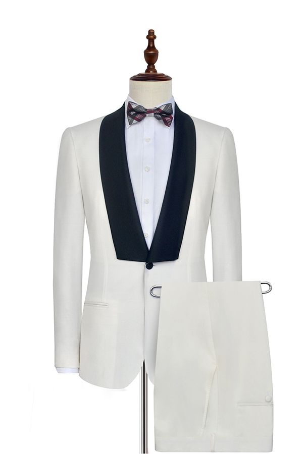 This Black Knife Collar Well-cut White Wedding Suits for Men, One Button Wedding Tuxedos at stylesnuggle comes in all sizes for prom, wedding and business. Shop an amazing selection of Shawl Lapel Single Breasted White mens suits in cheap price.