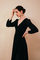 Black Long sleeves High low Chiffon Evening Dress-stylesnuggle