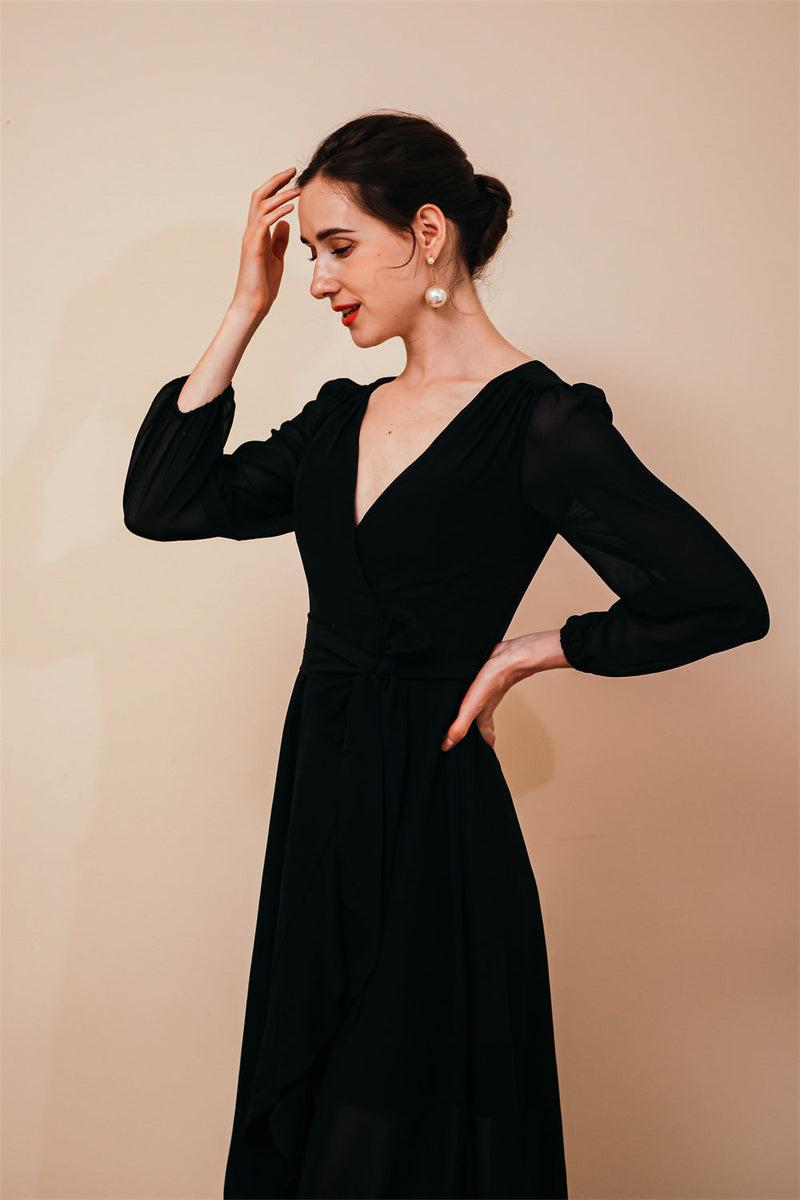 Black Long sleeves High low Chiffon Evening Dress-stylesnuggle