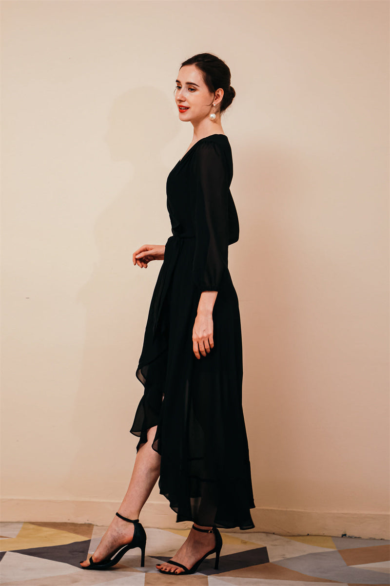 Black Long sleeves High low Chiffon Evening Dress-stylesnuggle