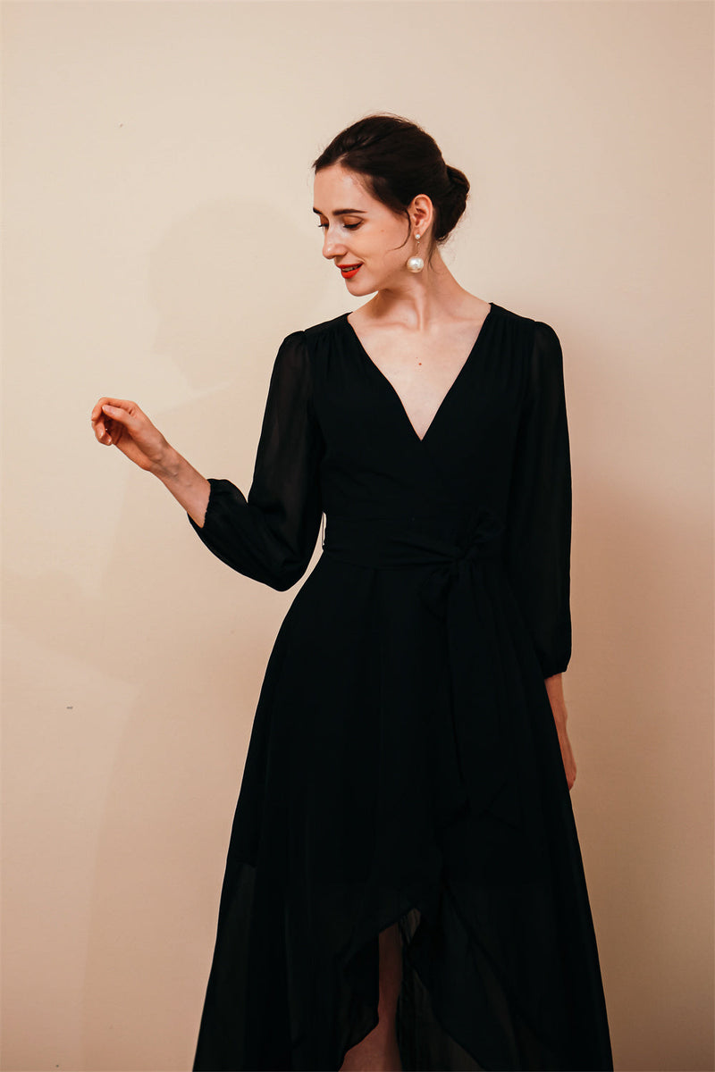 Black Long sleeves High low Chiffon Evening Dress-stylesnuggle