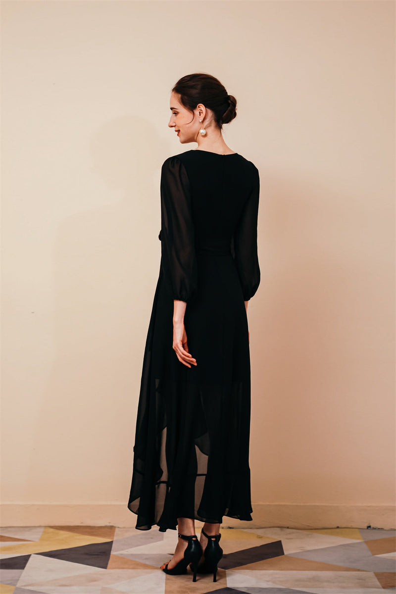 Black Long sleeves High low Chiffon Evening Dress-stylesnuggle