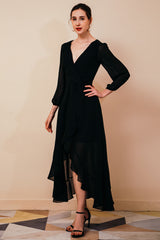 Black Long sleeves High low Chiffon Evening Dress-stylesnuggle