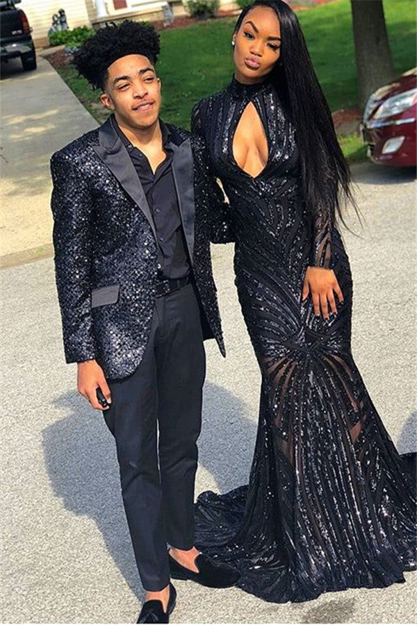 Black Sequins Men Suit Online Classy Peak Lapel Two Piece Prom Outfits