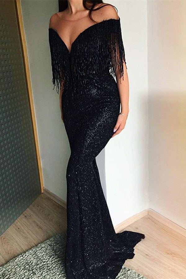 Still not know where to get your event dresses online? stylesnuggle offer you Black Sequins Mermaid Evening Gowns Tassels Sweep-Train Long Prom Dresses at factory price,  fast delivery worldwide.