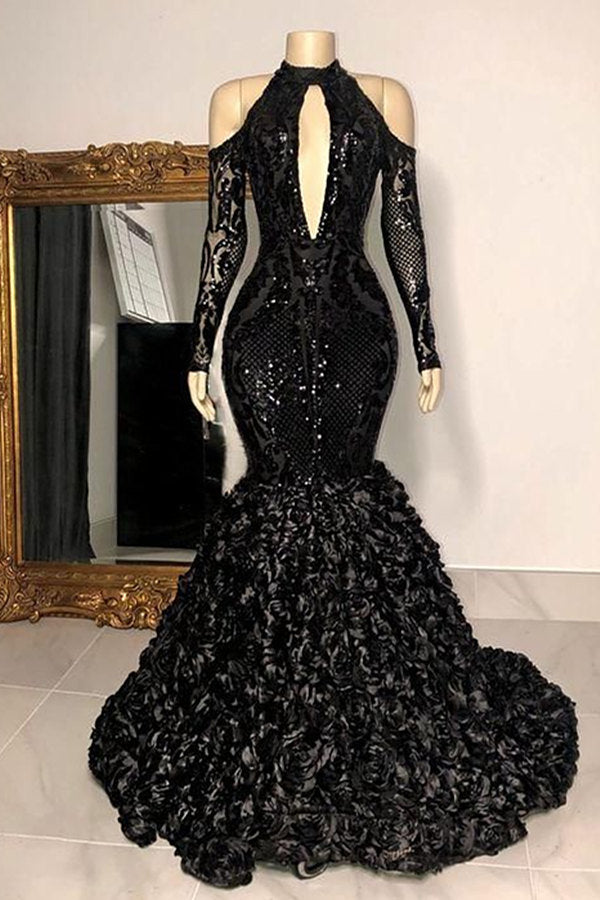 Black Sexy Keyhole Cool Shoulder Mermaid Flowers Prom Dresses-stylesnuggle