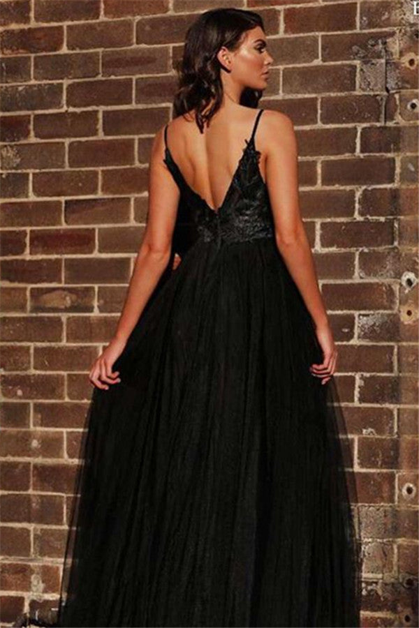 stylesnuggle offers Black Spaghetti Straps Open Back Evening Gowns Chic Sleeveless Backless V-neck Formal Dresses With Slit On Sale at an affordable price from Tulle to A-line Floor-length skirts. Shop for gorgeous Sleeveless Evening Dresses collections for special events.