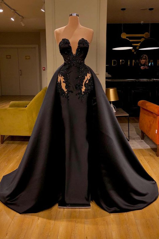 Black Sweetheart Overskirt Long Evening Gowns With Appliques-stylesnuggle