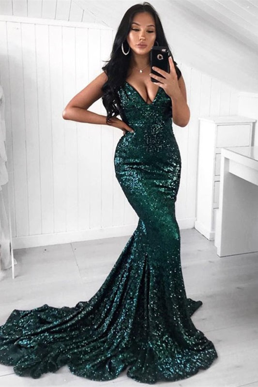 Blackish Green V-neck Off-the-shoulder Mermaid Prom Dress Sequins Long-stylesnuggle