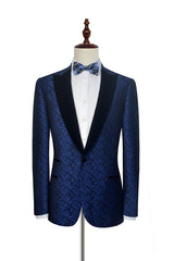 Blue Floral Patter Tuxedos for Wedding Black Velvet Peak Collar Prom Suits-stylesnuggle